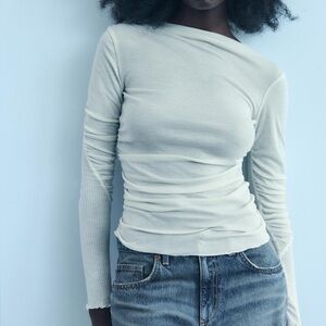 Zara Mock Neck Ruched T-Shirt ecru